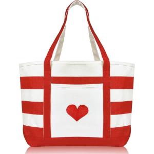 imageLove Big Heart Womens Embroidered Striped Tote Bag Premium CottonRed