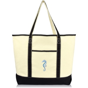 image:imageBeautiful Seahorse Womens Embroidered Tote Bag Natural CanvasBlack