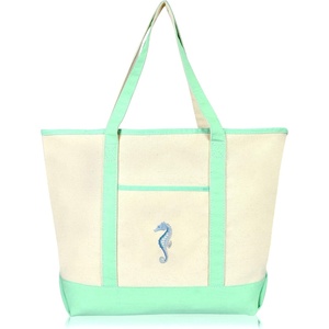 image:imageBeautiful Seahorse Womens Embroidered Tote Bag Natural CanvasMint Green