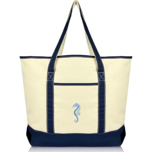 image:imageBeautiful Seahorse Womens Embroidered Tote Bag Natural CanvasNavy Blue