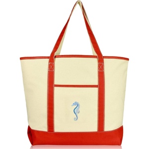 image:imageBeautiful Seahorse Womens Embroidered Tote Bag Natural CanvasRed