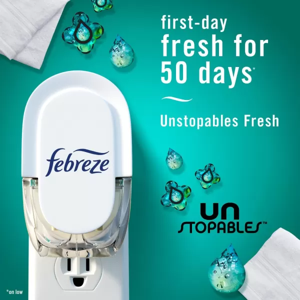 Febreze Air Freshener Plug In, Wall Diffuser, Plug in Air Fresheners for home, Unstopables Fresh Scent, Odor Fighter for Strong Odors, 1 Warmer + 2 Oil Refills)
