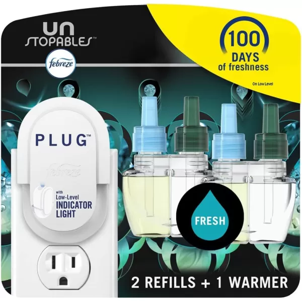 Febreze Air Freshener Plug In, Wall Diffuser, Plug in Air Fresheners for home, Unstopables Fresh Scent, Odor Fighter for Strong Odors, 1 Warmer + 2 Oil Refills)