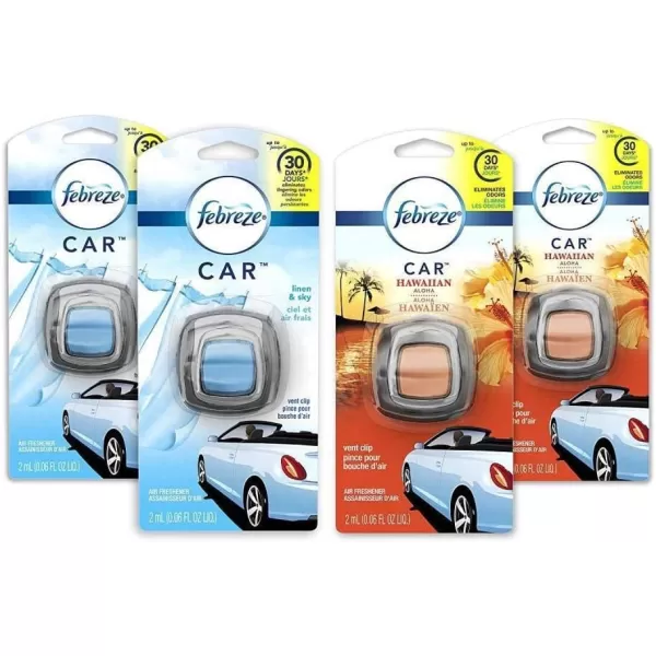 Febreze Car Air Freshener Vent Clips, 2 Linen &amp; Sky and 2 Hawaiian Aloha scents, 4 total clips