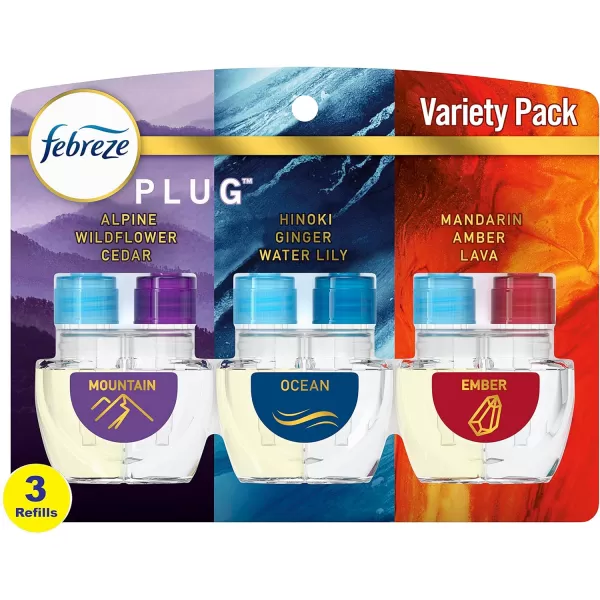 Febreze Odor-Fighting Fade Defy PLUG Air Freshener, Mountain, Ocean, Amber,  .87 fl. oz. Oil Refills)