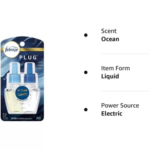 Febreze Odor-Fighting Fade Defy PLUG Air Freshener, Mountain, Ocean, Amber,  .87 fl. oz. Oil Refills)