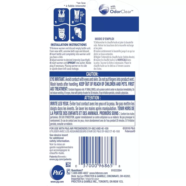 Febreze Odor-Fighting Fade Defy PLUG Air Freshener, Mountain, Ocean, Amber,  .87 fl. oz. Oil Refills)