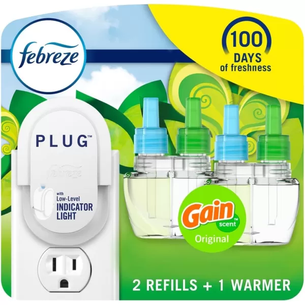 Febreze Plug In Air Fresheners For Home, Air Freshener Plug In, Gain Scent, Odor Fighter for Strong Odors, 1 Warmer + 2 Oil Refills