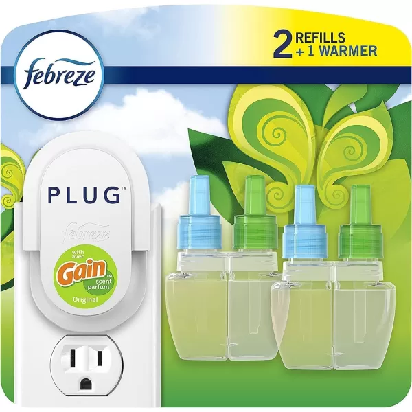 Febreze Plug In Air Fresheners For Home, Air Freshener Plug In, Gain Scent, Odor Fighter for Strong Odors, 1 Warmer + 2 Oil Refills