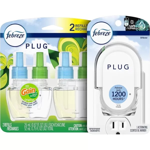 Febreze Plug In Air Fresheners For Home, Air Freshener Plug In, Gain Scent, Odor Fighter for Strong Odors, 1 Warmer + 2 Oil Refills