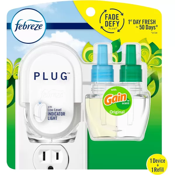 Febreze Plug In Air Fresheners For Home, Air Freshener Plug In, Gain Scent, Odor Fighter for Strong Odors, 1 Warmer + 2 Oil Refills