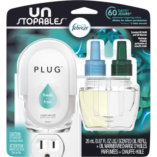 Febreze Air Freshener Plug In, Wall Diffuser, Plug in Air Fresheners for home, Unstopables Fresh Scent, Odor Fighter for Strong Odors, 1 Warmer + 2 Oil Refills)