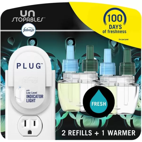 Febreze Air Freshener Plug In, Wall Diffuser, Plug in Air Fresheners for home, Unstopables Fresh Scent, Odor Fighter for Strong Odors, 1 Warmer + 2 Oil Refills)