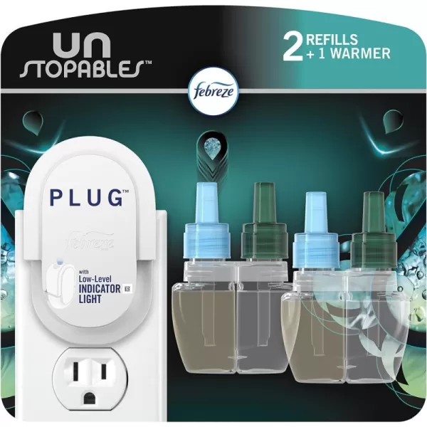 Febreze Air Freshener Plug In, Wall Diffuser, Plug in Air Fresheners for home, Unstopables Fresh Scent, Odor Fighter for Strong Odors, 1 Warmer + 2 Oil Refills)
