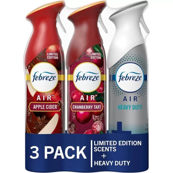 Febreze Air Fresheners, Bathroom Spray Room Fresheners, Odor-Fighting Air Freshener Apple Cider, Cranberry Tart, Heavy Duty Crisp Clean, 8.8 oz. Aerosol Can, Pack of 3