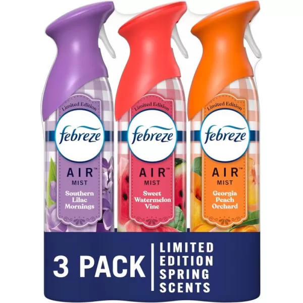Febreze Air Mist Odor-Fighting Air Freshener Mixed Scent, Southern Lilac Mornings, Georgia Peach Orchard, Sweet Watermelon Vine, 8.8 oz. Aerosol Can, Pack of 3