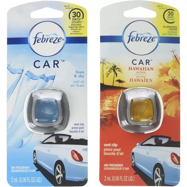 Febreze Car Air Freshener Vent Clips, 2 Linen &amp; Sky and 2 Hawaiian Aloha scents, 4 total clips