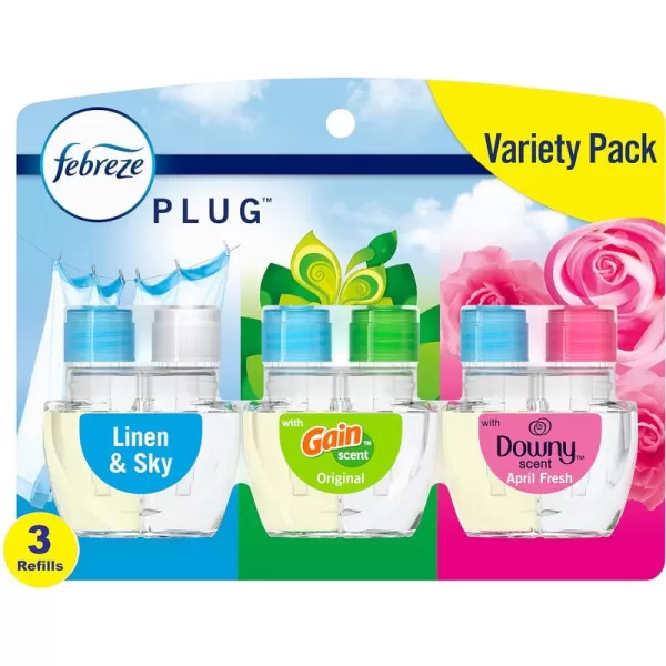 Febreze Odor-Fighting Fade Defy PLUG Air Freshener, Downy April Fresh, Gain Original, Linen &amp; Sky,  .87 fl. oz. Oil Refills