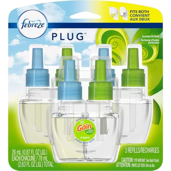 Febreze Plug In Air Fresheners For Home, Air Freshener Plug In, Gain Scent, Odor Fighter for Strong Odors, 1 Warmer + 2 Oil Refills