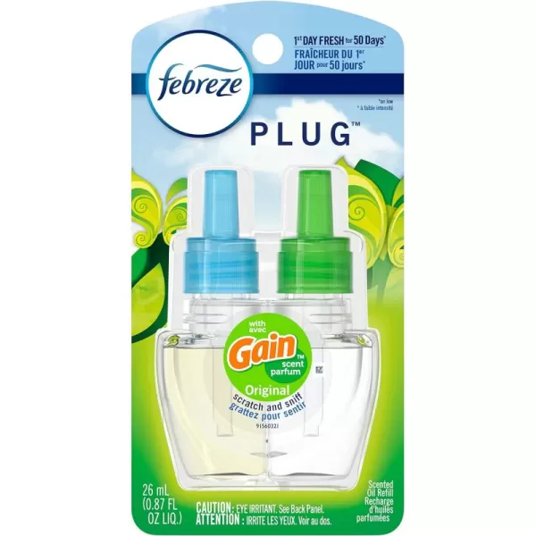Febreze Plug In Air Fresheners For Home, Air Freshener Plug In, Gain Scent, Odor Fighter for Strong Odors, 1 Warmer + 2 Oil Refills