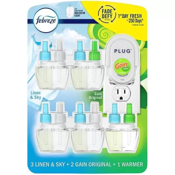 Febreze Plug In Air Fresheners For Home, Air Freshener Plug In, Gain Scent, Odor Fighter for Strong Odors, 1 Warmer + 2 Oil Refills