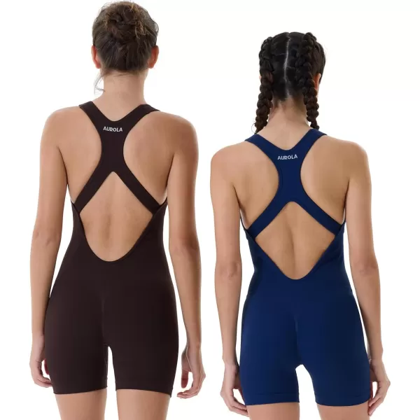 AUROLA Power Romper for Women Workout Yoga Gym Seamless One Piece Racerback Jumpsuit Tummy Control Padded Sports Bra)