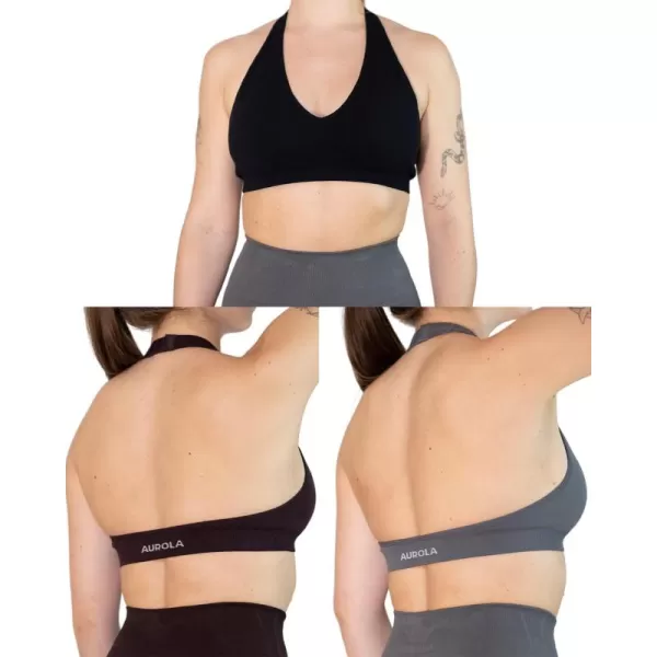 AUROLA Moon Seamless Halter Backless Sport Bra for Women Adjustable Padded Active Workout Gym Yoga Crop Tank Top)