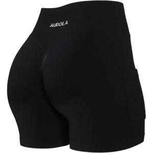 imageAUROLA Side Pockets Influence Shorts 45 Squat Proof Seamless Workout Shorts for Women Gym Running Yoga ShortsBlack