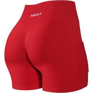 imageAUROLA Side Pockets Influence Shorts 45 Squat Proof Seamless Workout Shorts for Women Gym Running Yoga ShortsChili Red