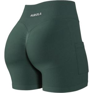 imageAUROLA Side Pockets Influence Shorts 45 Squat Proof Seamless Workout Shorts for Women Gym Running Yoga ShortsEden Green