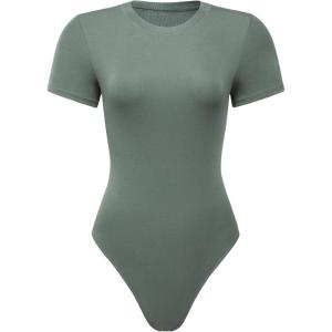 imageAUROLA Everyday Crew Neck Bodysuits ShirtsGoing Out Short Sleeve Casual Basic Stretchy Fashion One PieceGreen Pine