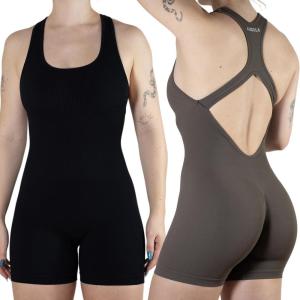 imageAUROLA Power Romper for Women Workout Yoga Gym Seamless One Piece Racerback Jumpsuit Tummy Control Padded Sports BraSet Blackchestnut Brown