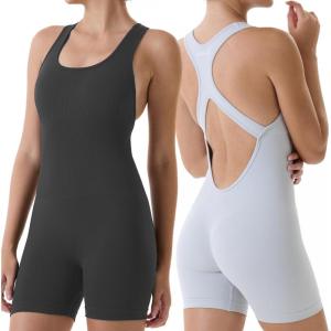 imageAUROLA Power Romper for Women Workout Yoga Gym Seamless One Piece Racerback Jumpsuit Tummy Control Padded Sports BraSet Dark Greysmokey Grey