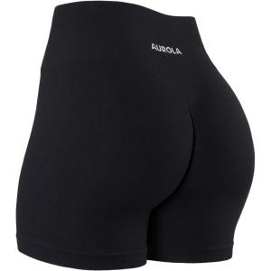 imageAUROLA Power Workout Shorts for Women Tummy Control Squat Proof Ribbed Thick Seamless Scrunch Active ShortBlack
