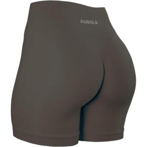 imageAUROLA Power Workout Shorts for Women Tummy Control Squat Proof Ribbed Thick Seamless Scrunch Active ShortChestnut Brown
