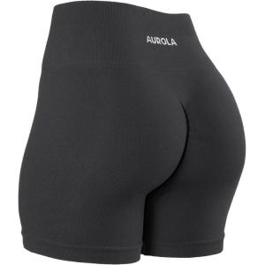 imageAUROLA Power Workout Shorts for Women Tummy Control Squat Proof Ribbed Thick Seamless Scrunch Active ShortDark Grey