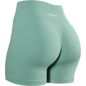 imageAUROLA Power Workout Shorts for Women Tummy Control Squat Proof Ribbed Thick Seamless Scrunch Active ShortMint Green
