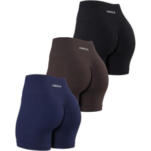 imageAUROLA Power Workout Shorts for Women Tummy Control Squat Proof Ribbed Thick Seamless Scrunch Active ShortPackblackNaval AcademyChocolate Torte