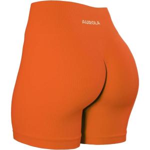 imageAUROLA Power Workout Shorts for Women Tummy Control Squat Proof Ribbed Thick Seamless Scrunch Active ShortPersimmon Orange