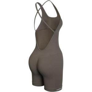 imageAUROLA Strapy Romper for Women Workout Yoga Gym Seamless One Piece Jumpsuit Tummy Control Padded Sports BraChestnut Brown