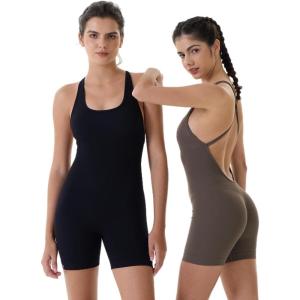imageAUROLA Strapy Romper for Women Workout Yoga Gym Seamless One Piece Jumpsuit Tummy Control Padded Sports BraSet Blackchestnut Brown