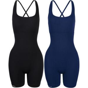 imageAUROLA Strapy Romper for Women Workout Yoga Gym Seamless One Piece Jumpsuit Tummy Control Padded Sports BraSet Blackpageant Blue
