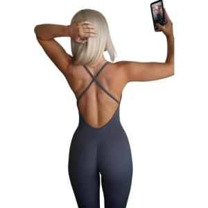 imageAUROLA Women Jumpsuits for Workout Yoga Gym Seamless Strappy One Piece Padded Bra BodysuitsJumpsuits Dark Grey
