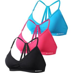 imageAUROLA Mercury Workout Sports Bras Women Athletic Removable Padded Backless Strapy Minimal Crop TopPackblackraspberry Sorbetblue Danube