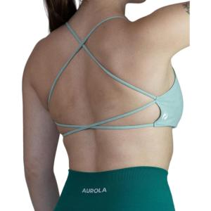imageAUROLA Workout Sports Bras Women Athletic Removable Backless Strappy Criss Cross Light Support Gym Fitness Yoga Crop BraIce Flowersage Green