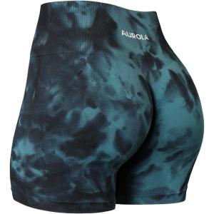imageAUROLA Dream Tie Dye Workout Shorts for Women Seamless Scrunch Soft Active ShortsGreenblack Tie Dye