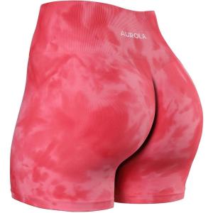 imageAUROLA Dream Tie Dye Workout Shorts for Women Seamless Scrunch Soft Active ShortsPink Fire Tie Dye