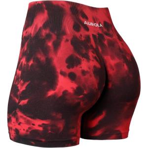 imageAUROLA Dream Tie Dye Workout Shorts for Women Seamless Scrunch Soft Active ShortsRedblack Tie Dye