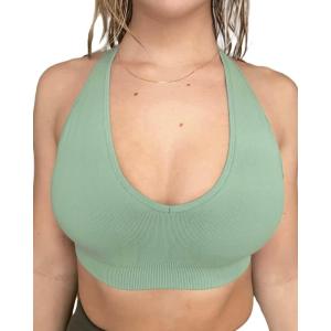 imageAUROLA Moon Seamless Halter Backless Sport Bra for Women Adjustable Padded Active Workout Gym Yoga Crop Tank TopGranite Green