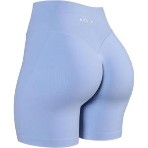 imageAUROLA Impressive Collection Workout Shorts for WomenHigh Waisted VShape Seam Gym Embossed Logo Athletic Fitness ShortAiry Blue